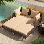Tangkula Outdoor Rattan Double Daybed, Boho Wicker Chaise Lounge for 2 with Seat & Back Cushions, Outdoor Sunbed Loveseat with Metal Support for Backyard, Poolside & Deck (Brown)