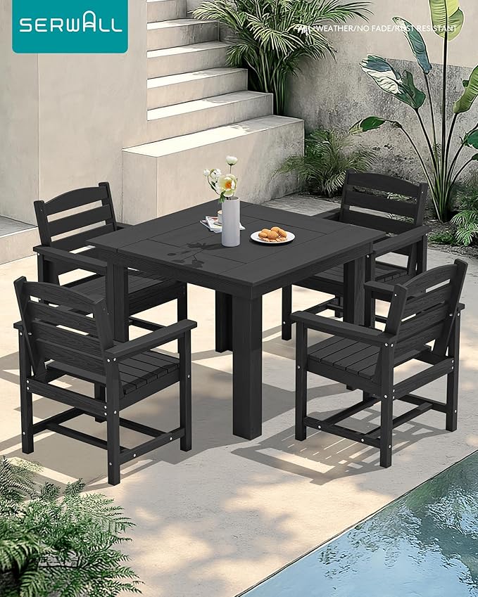 SERWALL Outdoor Dining Set for 4, HDPE Square Table and Chairs Set All Weather Patio Dining Set with 4 Classic Dining Chairs, 5-Piece Patio Dining Furniture for Deck, Black