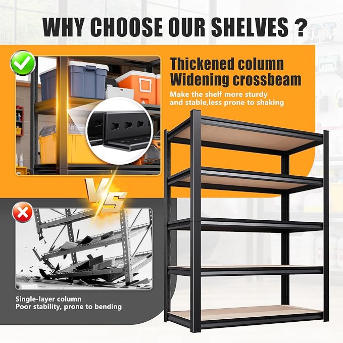 AOARGG 78" H Garage Shelving Heavy Duty Storage Shelves, Metal Adjustable Shelving Unit, Utility Garage Organizer Shelf for Basement, Pantry, Kitchen, Warehouse, 45.6" W x 19.7" D x 78" H, Black