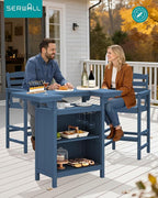 SERWALL Outdoor Bar Table Set (1 Table with 2 Chairs) – HDPE Blue Patio Bar Cabinet with 4-Tier Storage & Spacious Tabletop, Perfect for Outdoor, Poolside, Backyard