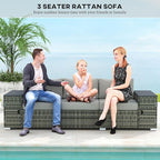 Outsunny 3 Seater Wicker Sofa with 2 Storage Side Tables and Thickened Cushions, Rattan Outdoor Patio Sofa with Wide Armrests, Wicker Outdoor Couch for Porch, Garden, Backyard, Gray