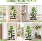 iDavosic.ly 5 Tier Plant Stand Indoor, Tiered Corner Metal Wood Multiple Flower Holder Shelf, Tall Orchid Display Rack for Patio Porch Living Room Balcony Outdoor, Black Walnut