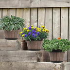 Quarut 4 Pack 8 inch Plant Pot,Upgrade Whiskey Barrel Planters with Drainage Holes & Saucer,Plastic Decoration Flower Pots Retro Design,Planters for Outdoor Indoor Garden Home Plants (Brown)