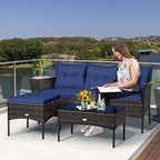 Conversation Set, Navy PE Rattan Patio Furniture with Glass Table