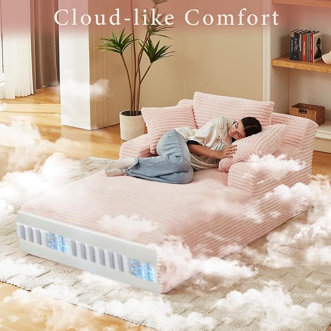 78.7" Chaise Lounge Chair Indoor, Oversized Boneless Couch Comfy Upholstered Sleeper Sofa Bed with 3 Pillows, Corduroy Cloud Reading Chair for Living Room No Assembly Required, Pink