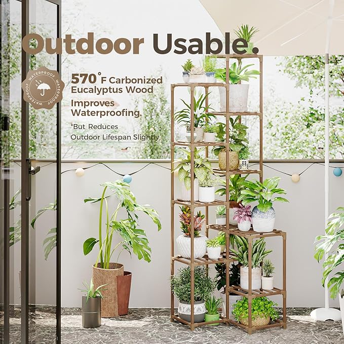 Bamworld 72" Tall Plant Shelf Indoor Outdoor Corner Plant Stand Large Plant Table Wood Plant Holder for 10 Pots Multiple Plants Patio Balcony Garden Office Home Decor
