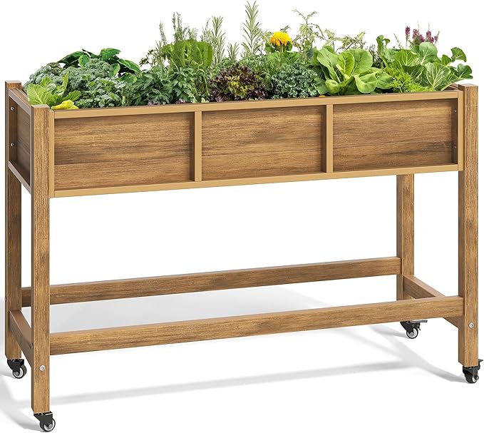 YITAHOME Raised Garden Bed HDPE, 47x18x31In Poly-Wood Weather-Resistant Raised Flower Bed, Elevated Planter Box with Lockable Wheels for Vegetables, Brown