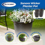 Suncast 4 Pack Sonora 18 Inch Lightweight Durable Plastic Wicker Decorative Flower Planter Pot for Yard, Garden, Indoor or Outdoor Use, Brown