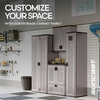 Suncast Tall Storage Cabinet, Platinum Resin Garage Storage Cabinet with Doors & Shelves, Plastic, Lockable, Freestanding Utility Closet for Tools & Supplies, Made in USA