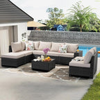 Jing's Villa 9-Piece Patio Furniture Set, All-Weather Outdoor Wicker Sectional Sofa with Cushions, Tempered Glass Table & Ottoman, Rattan Conversation Seating for Porch, Garden, Backyard,Beige