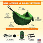 Gold Armour Camping Hammock - XL Double Hammock Portable Hammock Camping Accessories Gear for Outdoor Indoor with Tree Straps, USA Based Brand (Green)