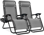 Best Choice Products Set of 2 Adjustable Steel Mesh Zero Gravity Lounge Chair Recliners w/Pillows and Cup Holder Trays - Ice Gray