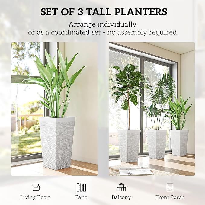 Outsunny 22.8 Inch Tall Planters for Outdoor Plants, Set of 3 Plastic Flower Pots with Stone Finish and Wheels, Stackable Tapered Planters with Drainage Hole for Indoor Plants, Front Porch, White