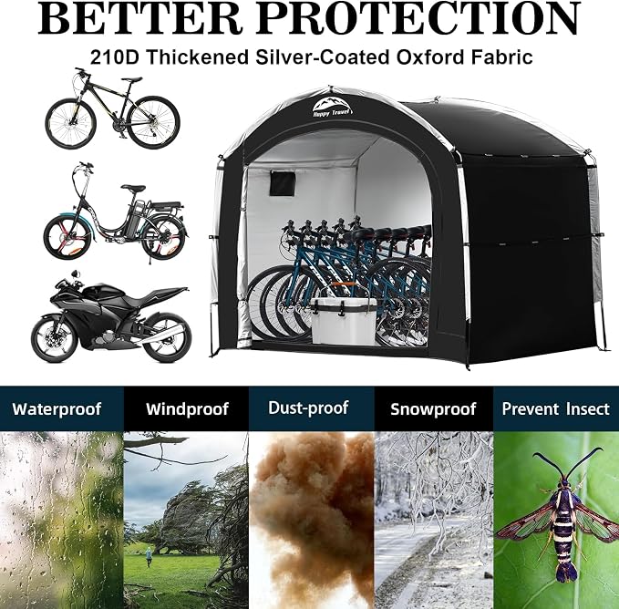 Black Bike Storage Tent Shed with Window, 210D Oxford, Fits 5 Bikes