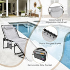 GYMAX Lounge Chairs for Outside, Extra High Folding Beach Tanning Lounger with Adjustable Backrest, Footrest & Removable Pillow, Sunbathing Lounge for Patio, Poolside (1, Grey with Pocket)