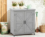Outdoor Potting Bench with Storage Cabinet and Metal Top, Wood Workstation for Outdoor Patio, Garden (Classic Grey, 31x17x36‘’)