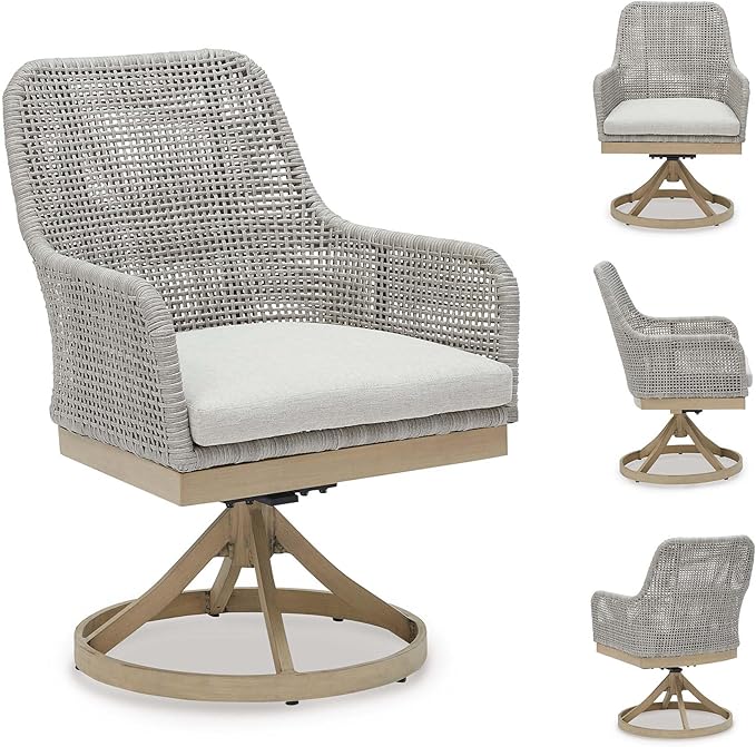 Signature Design by Ashley Seton Creek Cottage Nuvella Weather Resistant Fabric Outdoor Swivel Dining Chair with Cushion, Set of 2, Light Brown & Light Gray