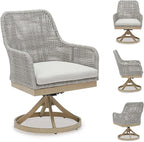 Signature Design by Ashley Seton Creek Cottage Nuvella Weather Resistant Fabric Outdoor Swivel Dining Chair with Cushion, Set of 2, Light Brown & Light Gray