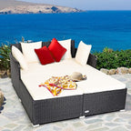 Tangkula Outdoor Rattan Daybed, Wicker Furniture with Spacious Seat, Upholstered Cushion & High-Resilience Sponge, Patio Sofa Set with 4 Pillows, 2-Person Sunbed for Poolside Backyard Garden & Balcony