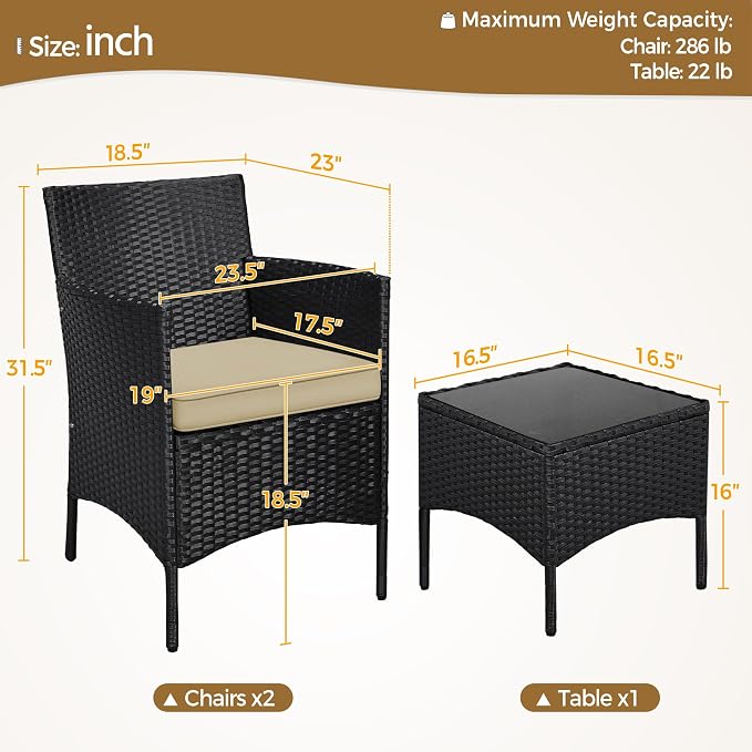 3-Piece Patio Conversation Set with Cushioned Rattan Chairs, Black/Khaki