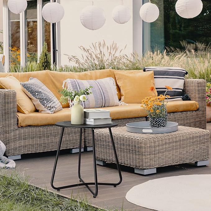 danpinera 2 Outdoor Side Tables with Flower Cut Outs, Weather Resistant Steel Patio Side Table, Small Round Outdoor End Table Metal Side Table for Patio Yard Balcony Garden Black, Set of 2