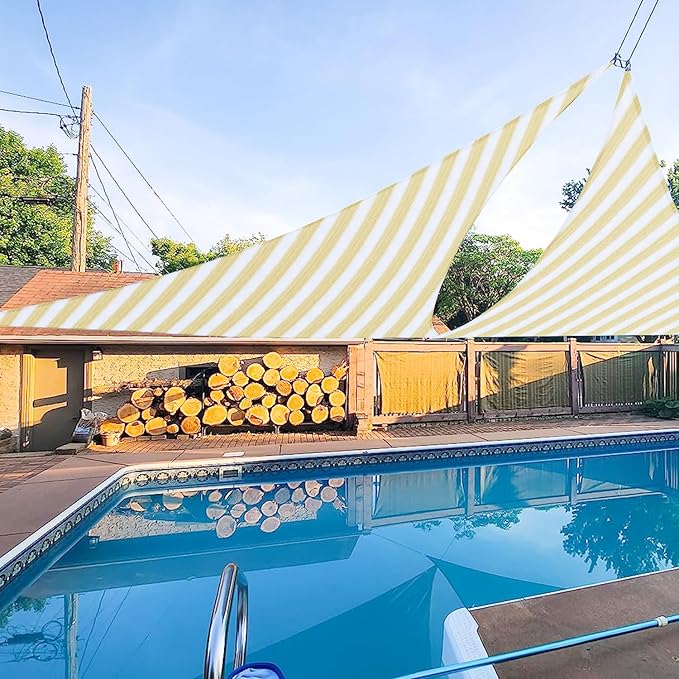 E&K Sunrise 2' x 2' x 2' Sun Shade Sail Triangle Canopy Shade Cover UV Block for Patio Backyard Garden Outdoor (Beige White Strip)