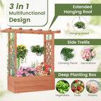 Giantex Raised Garden Bed with 2-Sided Trellis & Hanging Roof, Fir Wood Planter Box w/Drainage Holes, Freestanding Garden Planter for Flowers Herbs Climbing Vines (43"x15"x45")