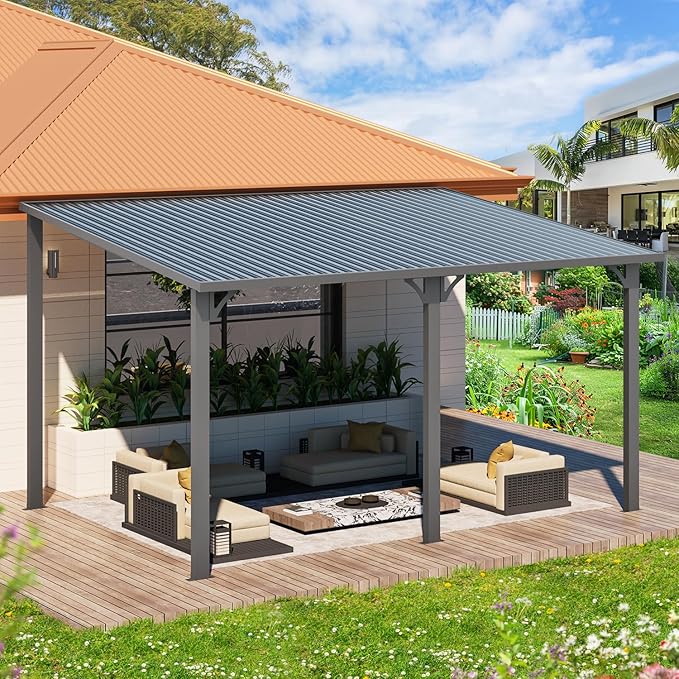 AECOJOY 14' x 10' Outdoor Hardtop Gazebo Pergola for Patio, 10x14 Large Galvanized Steel Heavy Duty Lean to Wall-Mounted Pergolas and Gazebos Clearance, Metal Patio Roof Awnings for Backyard, Decks