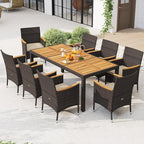 Tangkula 9 Pieces Rattan Outdoor Dining Set for 8, Outdoor Acacia Wood Table Set with 8 Cushioned Wicker Chairs, Umbrella Hole, Patio Dining Furniture Set for Deck Pool Backyard