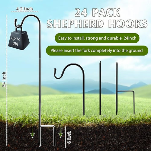 24 Pcs 24 Inch Shepherds Hook for Outdoor Adjustable Bird Feeder Pole Metal Steel Shepard Hooks for Hummingbird Stand Feeder Pole for Garden Plant, Lantern, Hanging Wedding Decor
