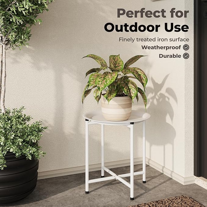 Bamworld White Plant Stand Indoor Small Plant Table for Large Plants Outdoor Single Plant Holder Heavy Duty Plant Stool for Patio Garden Balcony Living Room Small Round Side Table