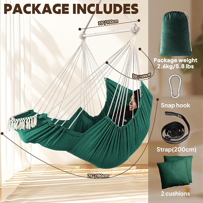 Hammock Chair in Dark Green with Foot Rest, 500 lb Max Load, Side Pocket