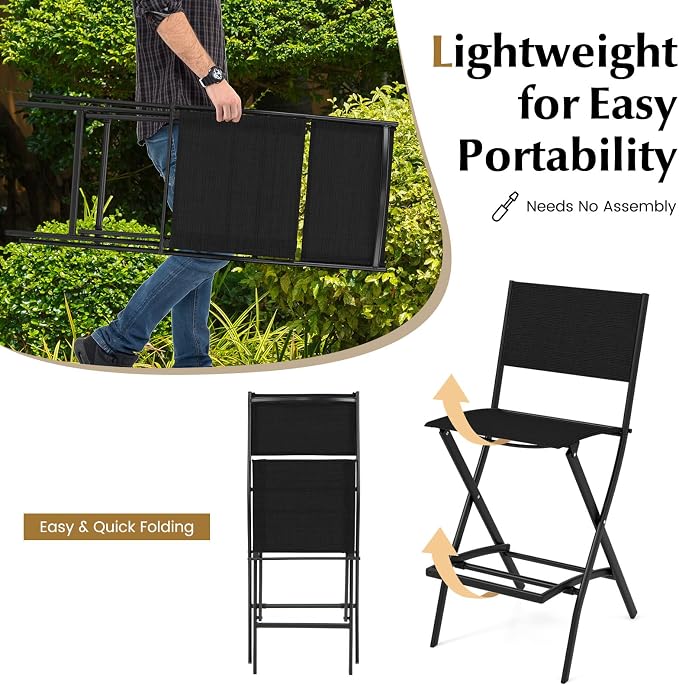 Patio Bar Chairs Set of 4, Black Folding Stools with Metal Frame