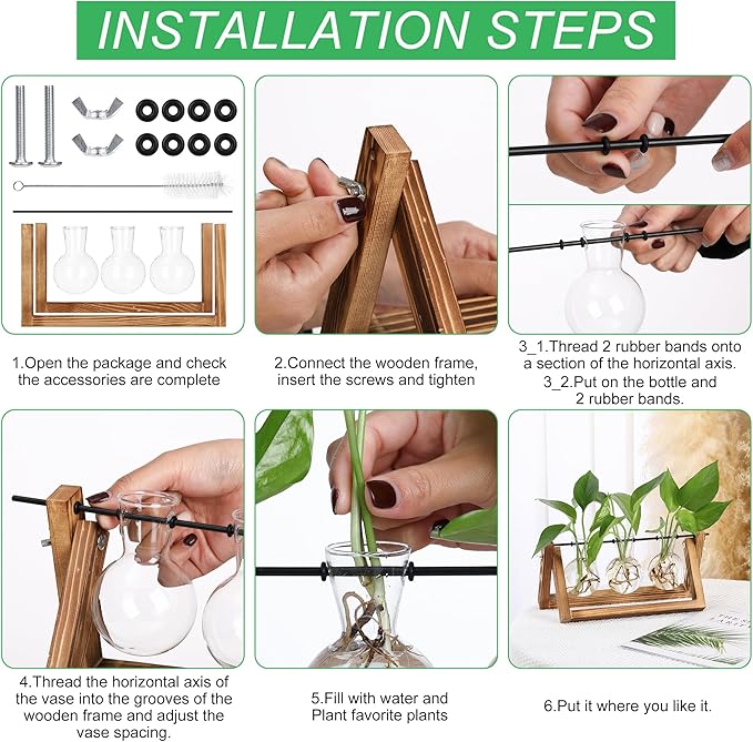 Terrarium Propagation Station with 3 Glass Bulb Vases and Brown Wood Stand