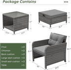 LHBcraft Outdoor Furniture 5 Piece Patio Conversation Set, PE Rattan Patio Set with Soft Cushions & Coffee Table, Outside Furniture with Hidden Ottoman for Porch, Lawn, Garden, Balcony, Grey