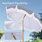 PHI VILLA 7ft Beach Umbrella with Fringe & Sand Anchor, Outdoor Patio Heavy Duty Windproof Portable Tassel Umbrellas for Sand with Push Button Tilt & Carrying Bag, UPF 50+, Stripe Blue & White