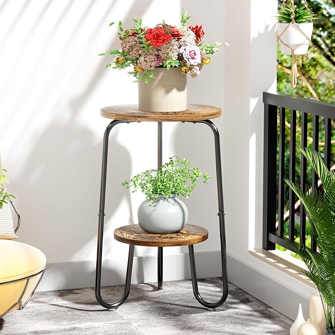 2 Tier Wood Plant Stand Indoor, Small Round Flower Pot Stand, 19.6" Tall Single Plant Holder for Living Room, Balcony, Rustic Brown End Side Table（2 packs）