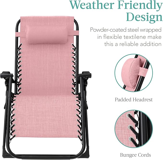 Best Choice Products Oversized Zero Gravity Chair, Folding Outdoor Patio Recliner, XL Anti Gravity Lounger w/Removable Cushion, Cup Holder, Side Tray, 350lb Capacity - Pink
