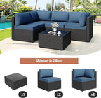 JAMFLY Patio Furniture Sets, 5-Piece Outdoor Patio Furniture with Thick Cushions, Wicker Outdoor Conversation Set Sectional Sofa for Backyard, Poolside, Garden, Aegean Blue