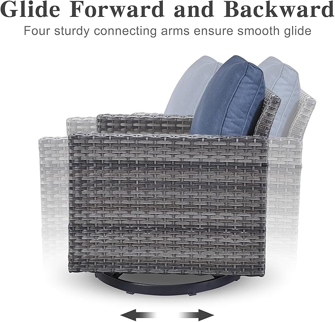 Belord Patio Sectional Furniture Set with Fire Pit Table: 8 Pieces Wicker Patio Conversation Set with L Shaped Sofa, Outdoor Swivel Glider Rocker, Rattan Ottomans, Removable Cushions Blue