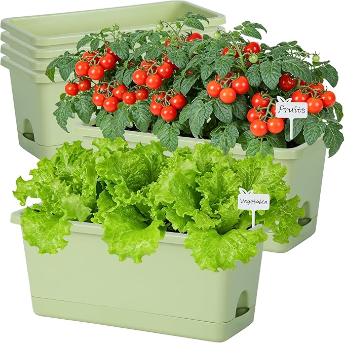 Window Box Planter 6 Packs, 13.8 Inches Rectangle Flower Pots with Drainage Holes & Trays, Pots for Vegetables, Herbs, Flowers, Garden Windowsill Balcony (Green)