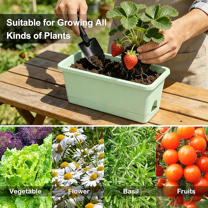 Window Box Planter 6 Packs, 13.8 Inches Rectangle Flower Pots with Drainage Holes & Trays, Pots for Vegetables, Herbs, Flowers, Garden Windowsill Balcony (Green)