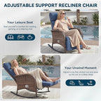 Zero Gravity Patio Rocking Wicker Recliner Chair - Wicker Outdoor Lounge Chair with Adjustable Backrest & Footrest, All Weather Reclining Rocker Chairs with Thick Cushion for Pool Deck Blue