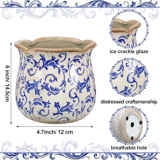 6 Inch Ceramic Plants Pots Vintage Ceramic Flower Planters Crackle Glaze Finish Flower Pots Decorative Floral Vintage Planters for Living Room Garden Home Decor Gifts(Chinoiserie)