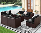 NICESOUL Large Size Patio Furniture Set with Fire Pit Natural Gas/Propane, 29.3'' High Backrest Luxurious Outdoor Modular Sofa Set, 9 Piece Heavy Duty Conversations, Brown Rattan and Black Cushion