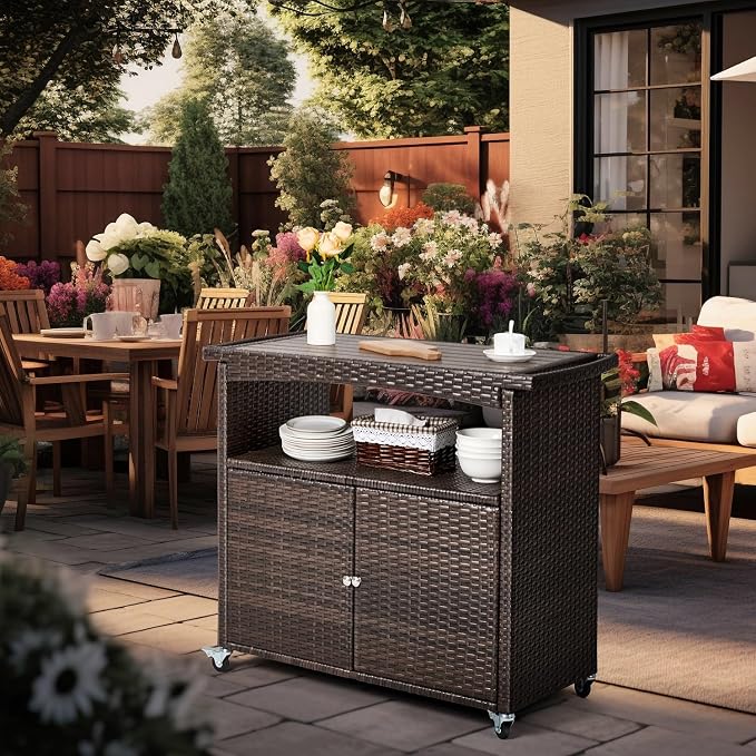 Bar Table Cart, Brown Patio Server with 2 Doors and 4 Wheels
