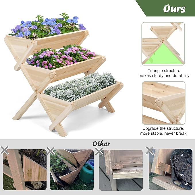 Raised Garden Bed, 3-Tier Vertical Wooden Planter with Legs, Beige