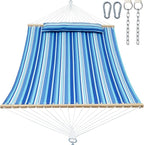 Double Quilted Fabric Tree Hammock with Spreader Bar, 12ft Hammocks 2 Person for Outside, Fits 11ft -13ft Hammock Stand, Large Pillow, Side Pocket & Carabiner, Max 475 lbs Capacity (Ocean Blue)