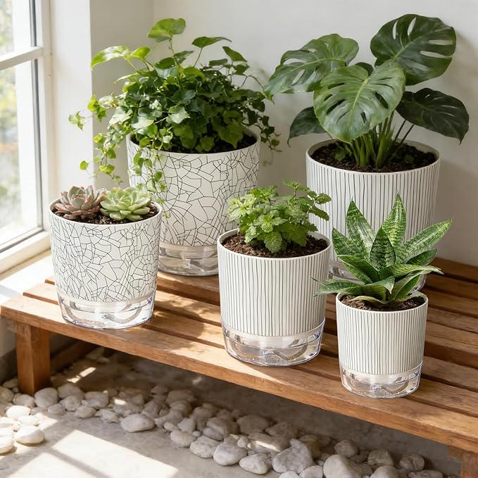 Self Watering Pots for Indoor Plants, 4/5.5/6.3 Inch Plant Pots Indoor Outdoor with Drainage Holes, Deep Reservoir, Plastic Self Watering Flower Pots