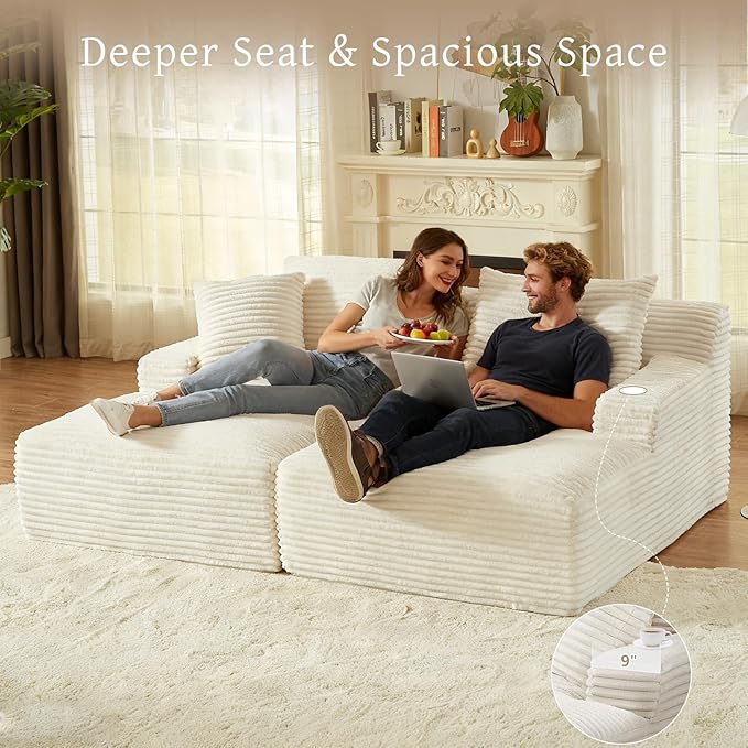 80" Double Chaise Lounge Chair Indoor, Oversized Boneless Couch Comfy Upholstered Sleeper Sofa Bed with 4 Pillows, Corduroy Cloud Loveseat Chair for Living Room No Assembly Required, White